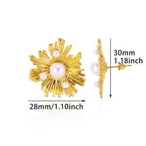 Detailed view of sunflower pearl earrings in gold finish with size dimensions in inches