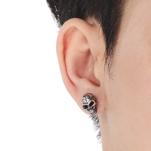 Punk style stainless steel skull stud earrings for men with vintage silver finish