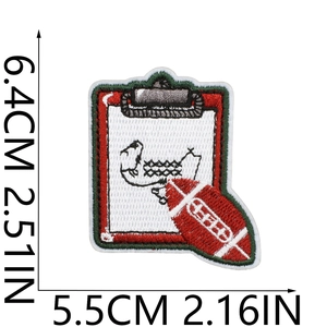 Detailed view of football and tactical board embroidery patch with size measurements