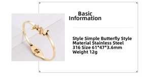 Detail view of gold titanium steel butterfly bracelet with size and 316 stainless steel specs