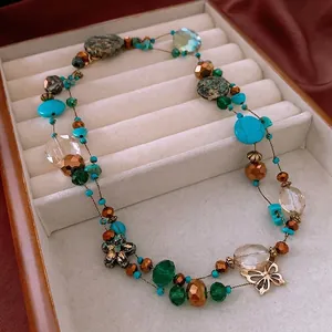 Vintage Bohemian Beaded Long Necklace With Copper Butterfly Flower Pendant Crystal Glass Beads Retro Sweater Chain Women