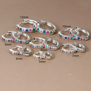 18K silver-tone hoop earrings with colorful zircon stones in sizes 5mm to 12mm