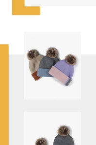 Three color-block knitted beanies with large faux fur pom poms and thick fleece lining