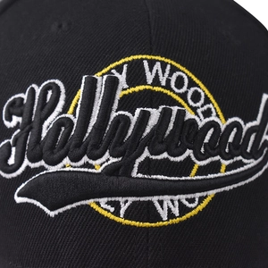 Black cotton baseball cap featuring detailed Hollywood 3D embroidery and CA letter brim