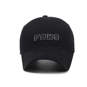 Vintage black baseball cap with FBXS embroidery and distressed details for outdoor wear