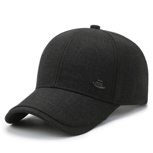 Minimalist black baseball cap with metallic logo and classic curved brim on white background