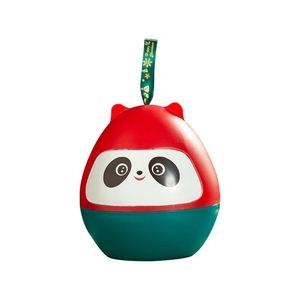 Panda-shaped Christmas gift box in red and green with festive ribbon on white background