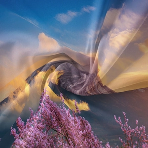 Detailed macro view of high-quality fabric texture showing Mount Fuji and cherry blossoms