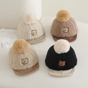 Casquette De Baseball D'Hiver Pour Enfants Laine D'Agneau Velours Côtelé Chaud Broderie Ours Pompon Pour Tout-Petits