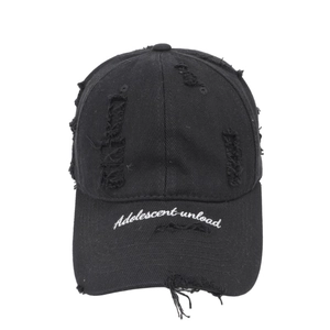 Distressed black baseball cap with Adolescent Unload embroidery and washed finish