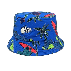 Detailed close-up of blue sun hat with cartoon dinosaur and palm tree print patterns