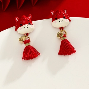 Festive red cartoon horse earrings with enamel finish and red silk tassels for women
