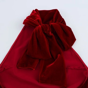 Gros plan du nœud de col licou en velours rouge foncé avec une texture brillante