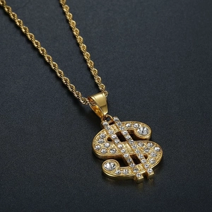 Collana hiphop placcata oro con ciondolo dollaro e cristalli su catena a corda