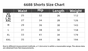 Size chart for yoga shorts from XS to XXL including waist, hip, and length measurements