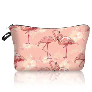 Detailed view of pink flamingo polyester cosmetic bag with black zipper and wrist strap