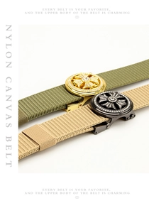 Detail of nylon canvas belts with rhinestone inlaid hollow alloy automatic buckles