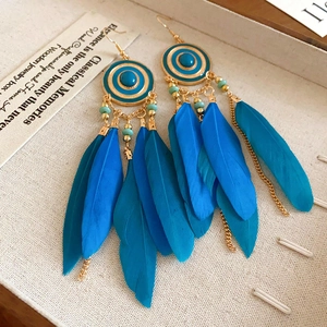 Detailed close-up of bohemian blue feather tassel earrings with turquoise stone accents