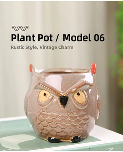 Close-up of owl-shaped ceramic planter with vintage textured feathers for succulents