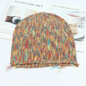 Women Distressed Beanie Hat Knit Acrylic Colorful Hole Frayed Edge Streetwear Punk Warm Skull Cap