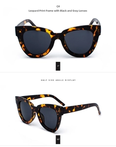 Detail view of cat eye sunglasses with leopard print frame and dark grey lenses in C4