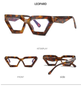Detailed multi-angle views of chunky leopard print geometric frame glasses with thick temples