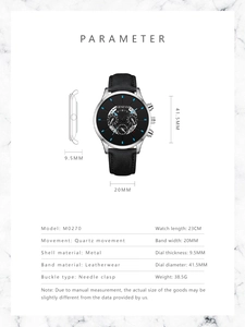 Detailed parameter chart for Geneva M0270 quartz watch with black leather strap and dimensions