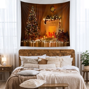 Detailed Christmas tree tapestry on a bedroom wall showing cozy fireplace and festive lights