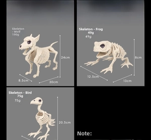Detailed size chart of realistic wolf, frog, and bird animal skeleton Halloween ornaments