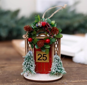 Christmas red wooden door ornament with miniature snowy trees and number 25 design