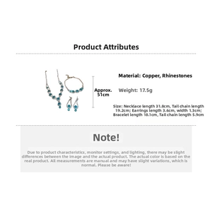 Detail showing copper jewelry set dimensions with blue stones and sparkling rhinestones