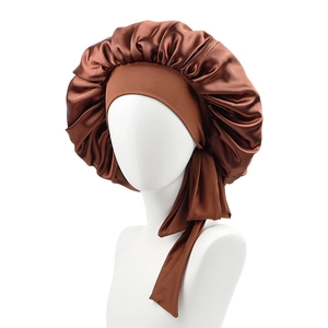 Dark brown satin hair bonnet with elastic wide band and long ribbons for sleep and beauty care
