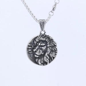 Vintage Löwenkopf-Anhänger aus Edelstahl mit Relief-Design und antikem Silber-Finish