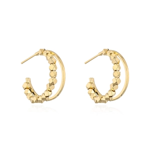 French style double-layer C-shaped gold-plated copper earrings with faceted beads