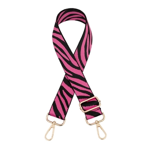 Adjustable pink zebra pattern handbag strap with golden metal hooks for crossbody use