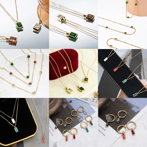 Minimalist Rectangular Zirconia Necklace And Earrings Stainless Steel Gold Plated French Vintage Jewelry For Women