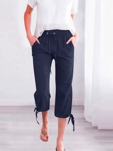 Women's cotton linen cropped wide leg trousers in navy blue with drawstring waist