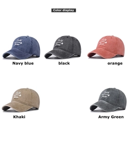Detailed comparison of five colors of vintage washed cotton baseball caps with embroidery