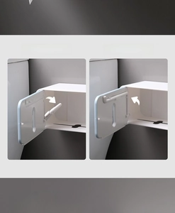 Detail showing the wall-mounted tissue box in both open and folded hidden states