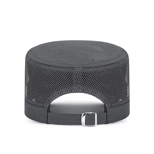 Quick-dry flat top cap in dark grey with breathable mesh panels and adjustable metal buckle