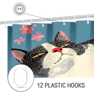 Detail of 0.4 inch reinforced metal grommets and 12 plastic hooks for shower curtain