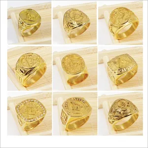 Variety of gold plated Masonic stainless steel rings featuring compass and all-seeing eye