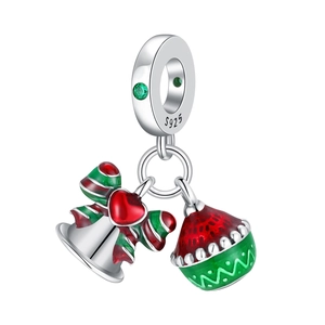 Detail of S925 silver charm with red enamel bow bell and green striped Christmas ball