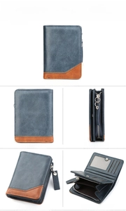 Detailed views of a blue bifold wallet with multiple card slots and a zipper pocket