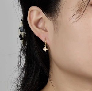 Detailed view of gold plated silver clover earring with zircons worn on model ear