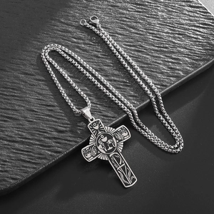 Detailed relief of chalice and grapevines on silver stainless steel cross pendant necklace