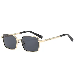 Retro square metal sunglasses with gold chain temples and dark gray lenses for men