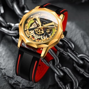 Montre mécanique Forsining pour homme avec boîtier doré et bracelet silicone rouge noir
