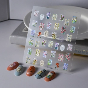 Detailed macro view of 5D embossed floral nail stickers FEB-486 with 3D relief texture
