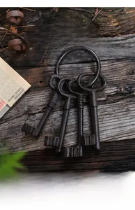 Macro detail of vintage cast iron keys on a large ring over a dark wood background